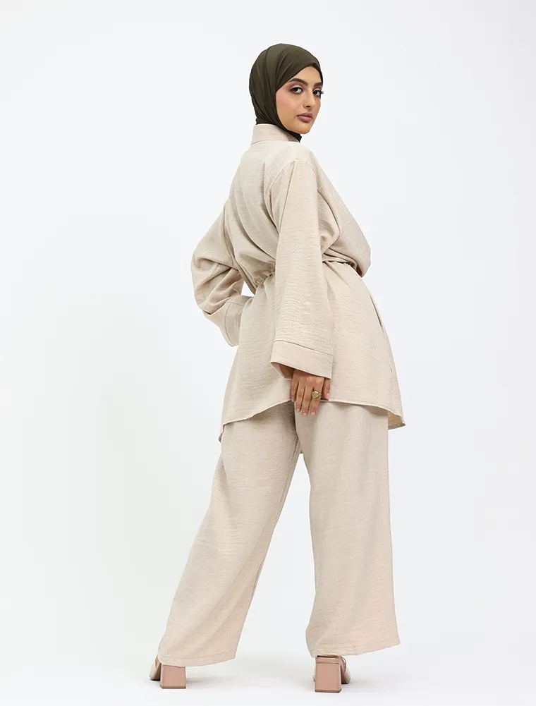 Beige Linen Feel Drawstring Co Ord Set